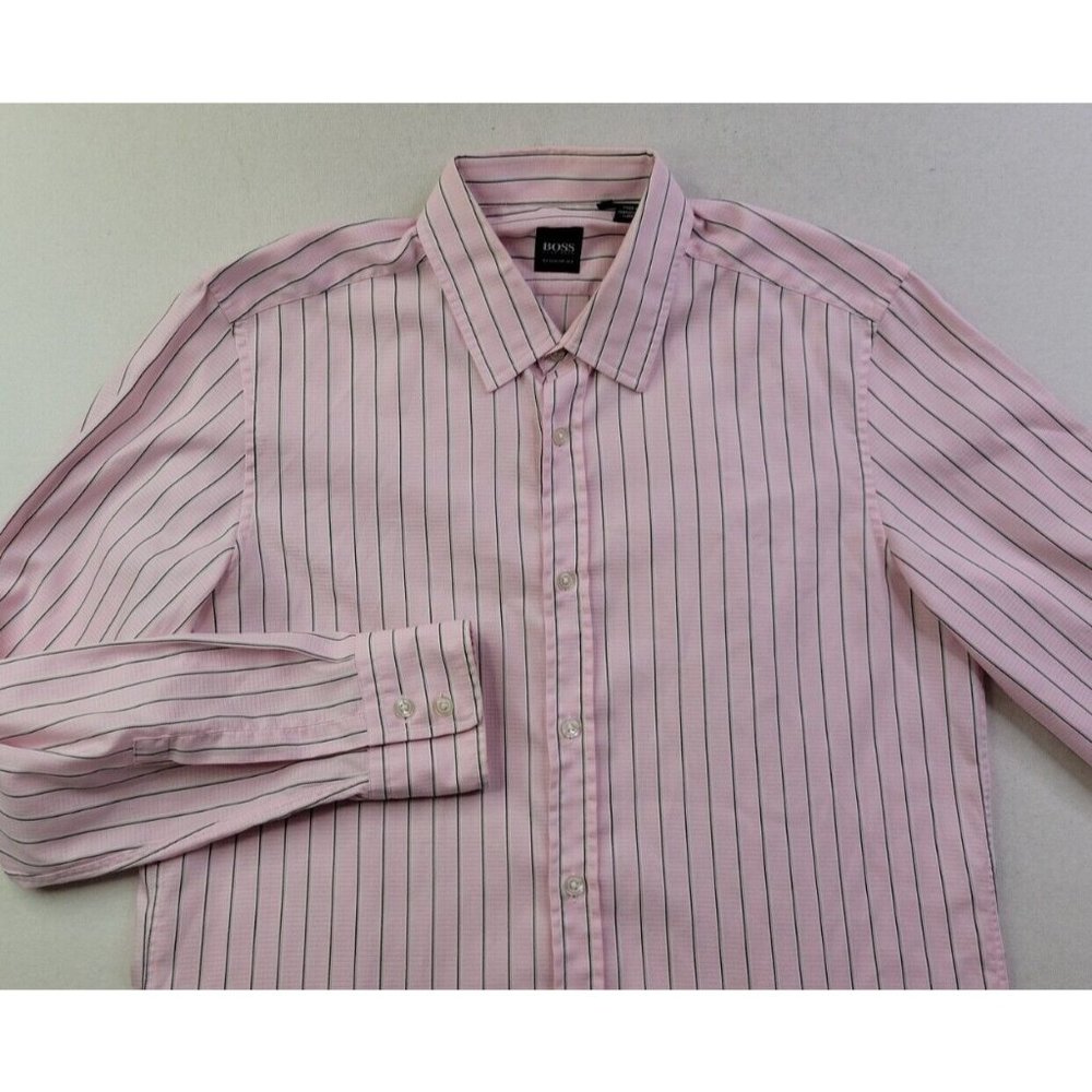 EUC Boss Hugo Boss Regular Fit Men M Pink Stripe Button Down Dress Shirt